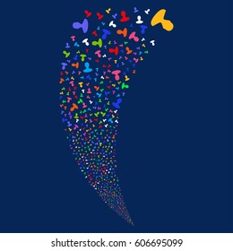 Person random fireworks stream. Vector illustration style is flat bright multicolored iconic symbols on a blue background. Object fountain done from scattered icons.