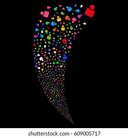 Person random fireworks stream. Vector illustration style is flat bright multicolored iconic symbols on a black background. Object fountain made from scattered design elements.