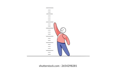 A person reaches up to mark their height on a measuring scale illustrating personal growth and development journey