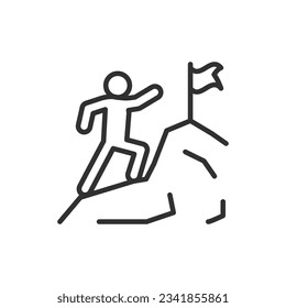 Person reaching for the flag at the top of the mountain, linear icon, aiming for the goal. Line with editable stroke