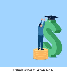 Person, die nach Graduierung Obergrenze über Geldsymbol, Metapher von pädagogischen Stipendien. Einfache flache konzeptionelle Illustration.