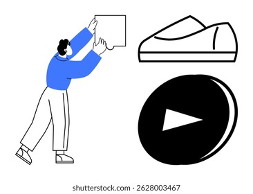 Person reaching for speech bubble, shoe silhouette, and play button symbol. Ideal for communication, fashion, multimedia, social media, technology, marketing, and user interaction. Line metaphor
