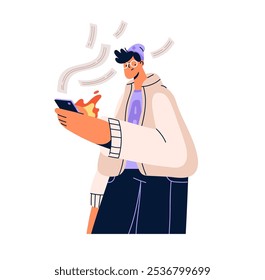 Person read endless bad news feed. Man with phone addiction spend lots time online. Character many surfing internet, scrolling social networks. Doomscrolling concept. Flat vector illustration on white