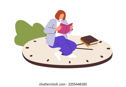 Lector de persona con libros, estudiando, preparándose para el examen. Lecturas rápidas, educación, concepto de conocimiento. Mujer con literatura de ficción de ocio. Ilustración vectorial plana aislada en fondo blanco