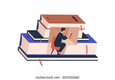 Person reading academic literature in library. Student studying inside stack of books. Concept of education and preparing for exam. Flat vector illustration of reader isolated on white background