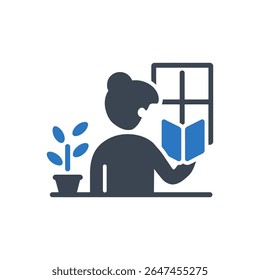 Ícone de pessoa lendo um livro ao lado da janela