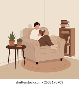 Person reading book in cozy corner with armchair and bookshelf