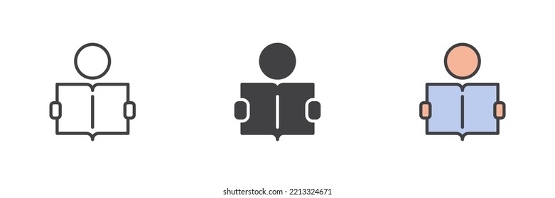 Persona leyendo libro de estilo diferente conjunto de iconos. Línea, glifo y contorno relleno versión colorida, contorno y signo vectorial relleno. Símbolo de aprendizaje, ilustración del logotipo. Gráficos vectoriales