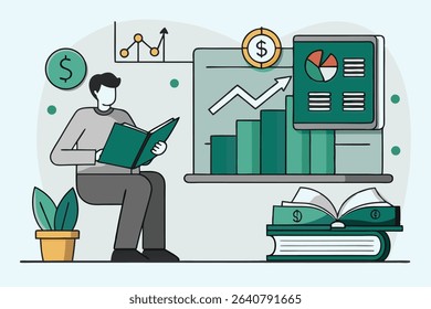 A person reading a book with financial charts, graphs, and dollar symbols, representing financial analysis and investment.