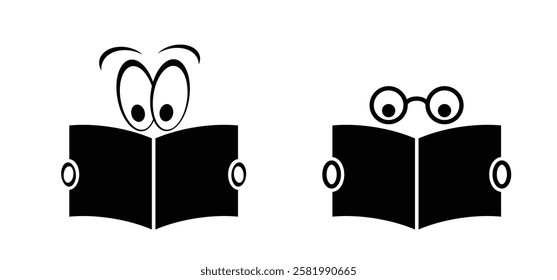 Person reading a book with glasses. Read a newspaper paper. learn book icon or symbol. Studying, school concept. Book reader logo. Student, learns from books. World book Day. Happy smile and eye.