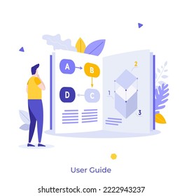 Person reading book or guidebook. Concept of user guide, manual or instruction, product documentation with information for customers or consumers. Modern flat vector illustration for banner, poster.