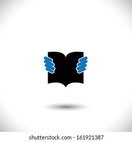 person reading a book with hands holding the booklet - concept vector. The graphic can represent concepts like students reading, children learning, enhancing knowledge