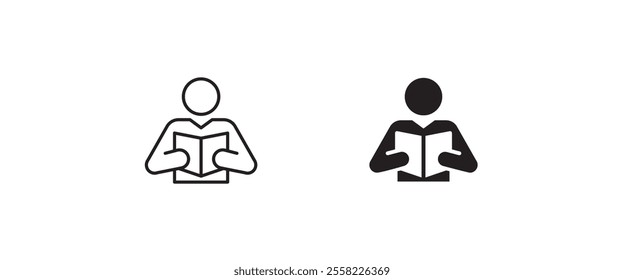 Person reading a book icon, read icon vector, sign, symbol, logo, illustration, editable stroke, design style isolated on white linear