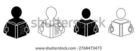 Person reading book icon set. Reader, education, learning, learn. Read book symbol on white background - stock vector.