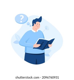 Person reading book with info sign on cover and thought bubble with interrogation point. Concept of user manual, instruction, professional guide, Q and A. Modern flat vector illustration for poster.