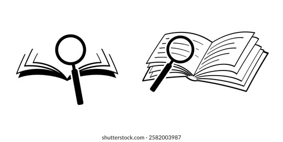 Person reading a book with magnifying glass. Hand glass. Read a newspaper paper. learn book icon or symbol. Studying, school concept. Book reader logo. Student, learns from books.