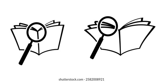 Person reading a book with magnifying glass. Hand glass. Read a newspaper paper. learn book icon or symbol. Studying, school concept. Book reader logo. Student, learns from books.