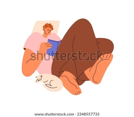 Person reading book. Man reader lying, relaxing with interesting fiction literature. Happy young guy resting, enjoying novel at leisure time. Flat vector illustration isolated on white background