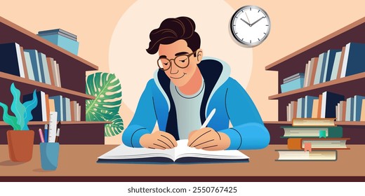 pessoa lendo um livro ao lado de uma pilha de livros. E-learning, educação on-line ou ensino em casa. Ilustração de vetor plano.