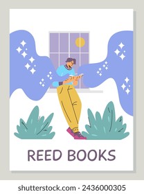 Person reading a book at night. Vector illustration of a reader with a book, stars, window, and plants on a poster