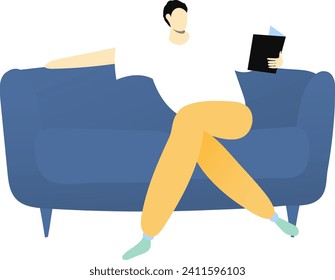 Person reading book on blue sofa, minimalist style, no face shown. Relaxation and leisure time concept vector illustration.