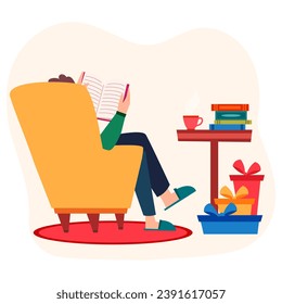 Person reading book and resting on comfortable yellow armchair. Nice leisure on weekends and holidays with interesting book