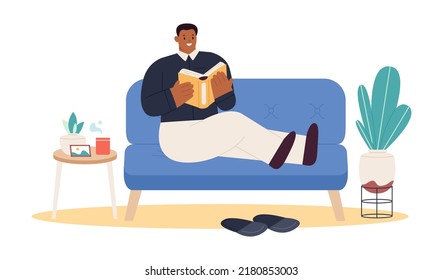 Person reading book, sitting in armchair. Man in chair at home with literature and coffee cup. Businessman reader. Vector illustration 
