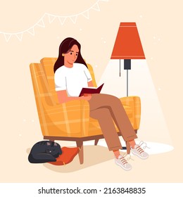 Person reading book, sitting in cozy armchair in the evening in living room. Woman in chair at home with literature and coffee cup. Businesswoman reader. Flat vector illustration isolated on white 