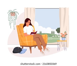 Person reading book, sitting in cozy armchair by window in living room. Woman in chair at home with literature and coffee cup. Businesswoman reader. Flat vector illustration isolated on white  