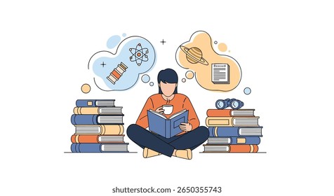 Person reading a book surrounded by stacks of books with thought bubbles above their head