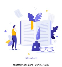 Person reading book, textbook or academic publication, inkwell and feather. Concept of classic literature, literary analysis, novel or poetry. Modern flat vector illustration for banner, poster. - Shutterstock ID 2142072389