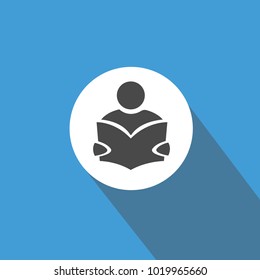 person reading a book vector icon in white circle with blue background and shadow
