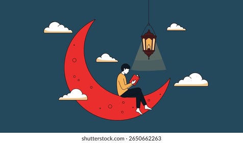 Uma pessoa lendo um livro enquanto está sentada numa lua crescente sob uma lanterna com nuvens no céu noturno