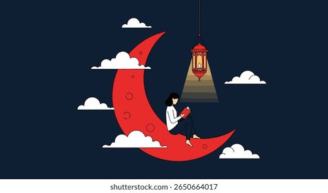 Uma pessoa lendo um livro enquanto está sentada em uma lua crescente sob uma lâmpada em meio a nuvens durante a noite