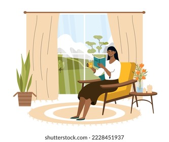 Person reading book. Woman sits in apartment on chair, comfort and coziness in house or home, useful hobbies. Education and self development, love of literature. Cartoon flat vector illustration