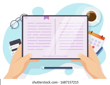 Person reading digital book on tablet computer vector top view on table desk or man holding online electronic ebook and learning above workplace desktop flat cartoon, education or study concept modern