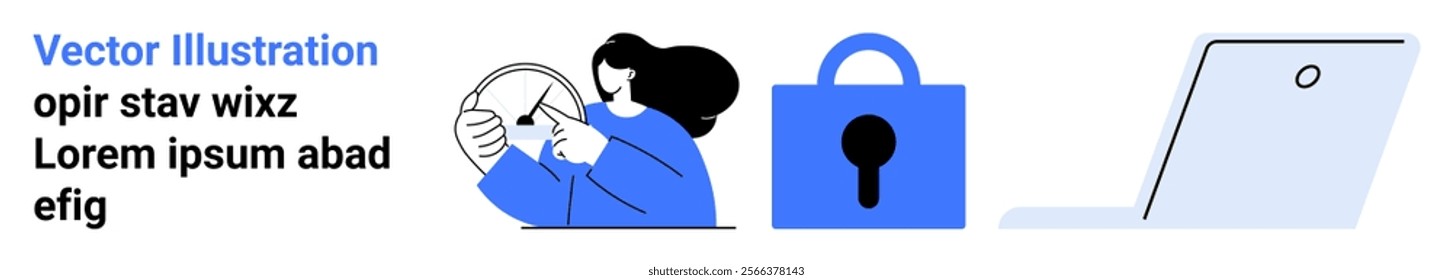 A person reading a document, a blue padlock, and an open laptop. Ideal for cyber security, data protection, online privacy, tech support, and digital identification themes. Landing page