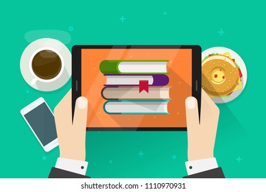 Person reading electronic books online on digital tablet reader vector, flat hands holding web e-reader device with paper books on display, idea of education tech, studying learning via ebooks