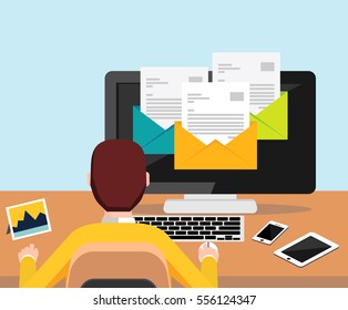 Person reading email on desktop illustration for web banner , web element , web template , or infographics