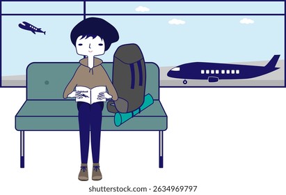 Uma pessoa está lendo um guia no aeroporto antes de partir. 