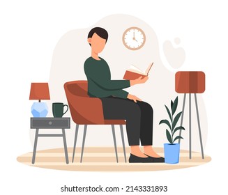 Person reading at home. Man sits on chair with book in his hands. Useful hobby, education and self development. Young guy loves literature, poems and stories. Cartoon flat vector illustration
