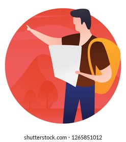 Person reading map flat rounded icon vector
