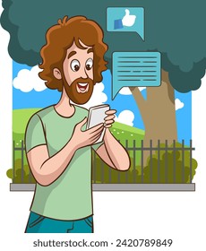 person reading message on mobile phone.people with mobile phone, using social media and chatting online.cartoon vector illustration. 