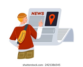 Person reading news. Man reading article in printed paper press or morning newspaper. Character receives information from publications. Cartoon flat vector illustration isolated on white background