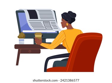 Person reading news. Woman sitting at desk in office and watching morning news on computer. Character browse online internet media. Cartoon flat vector illustration isolated on white background