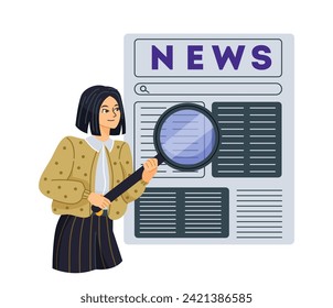 Persona leyendo noticias. Joven sonriente con lupa leyendo papel de prensa o artículo periodístico. Publicación en medios masivos. Dibujo vectorial plano de dibujos animados aislado en fondo blanco