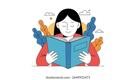 A person reading an open book surrounded by stylized foliage under clouds