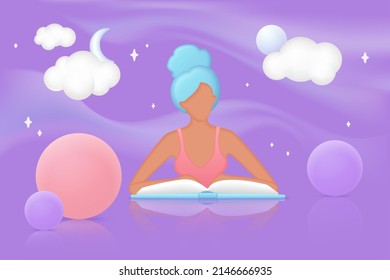 Person reading open story book under magic neon night space with moon, stars and clouds. Girl sitting at mirror table to read and study 3d vector illustration. Education, bookstore, science concept