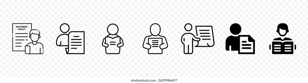 person reading policy document icon, Icon of Person Reading Policy Document Representing Public Awareness of Legal Information, Law Education, Newspaper Reading icon, Policy Understanding