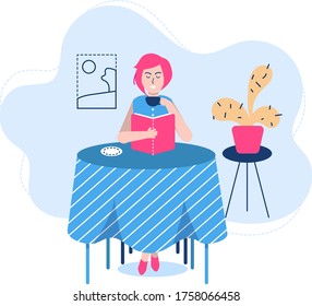 Person reading pose, vector illustration. Cartoon flat woman student character sitting, studying and preparing for examination. Literature lover, fan books, home schooling isolated on white